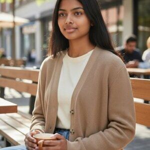 MNG Mango Essentials 3 Button Cardigan V Neck Cappucino Women's Size Large